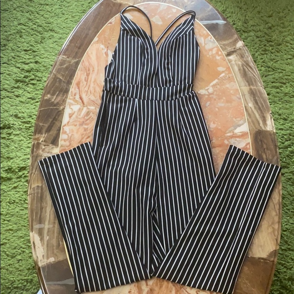Boohoo Black and White Striped Jumpsuit